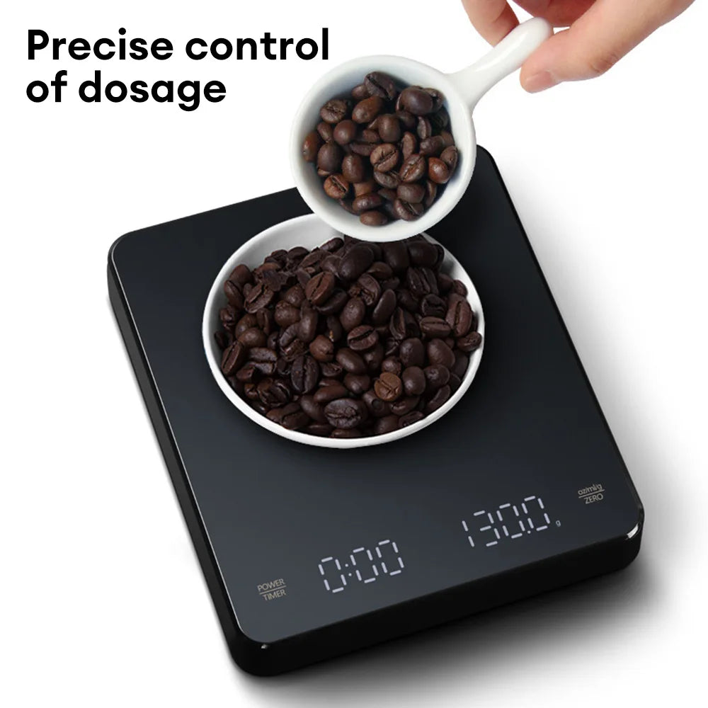 Báscula de café digital con temporizador Pantalla LED Espresso USB 3kg Pesaje máximo 0,1g Medidas de alta precisión en Oz/ml/g Báscula de cocina