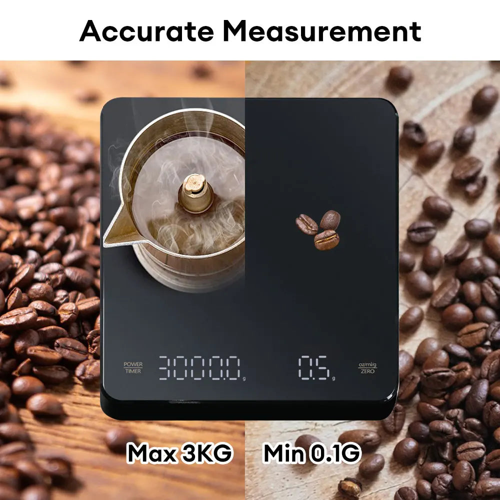 Báscula de café digital con temporizador Pantalla LED Espresso USB 3kg Pesaje máximo 0,1g Medidas de alta precisión en Oz/ml/g Báscula de cocina