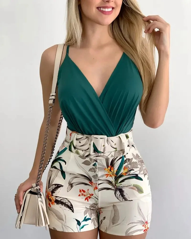 Fashion Set, Summer New Women's V-neck SexyCamisole Vest And Plant Floral Printed Shorts Set With Belt