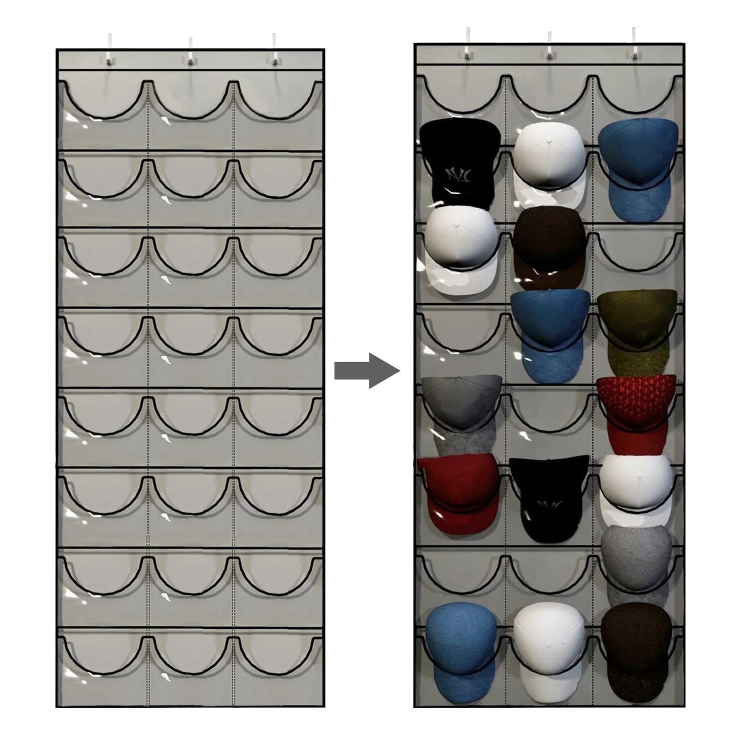 Organizador de almacenamiento de sombreros, 24 bolsillos transparentes, protege el sombrero, soporte para colgar en la puerta, estante de almacenamiento para gorras de béisbol y dormitorio