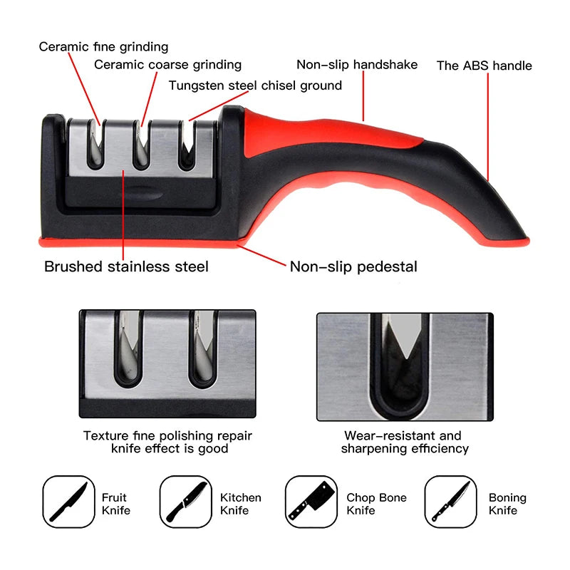 Knife Sharpener Handheld 3 Stages Quick Sharpening Tool with Non-slip Base