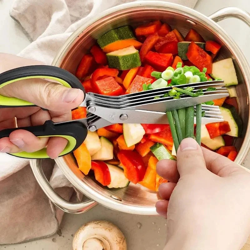 Ciseaux de cuisine multicouches en acier inoxydable, ciseaux à oignon vert, cisaille à herbes avec couvercle sûr, cisaille à viande et légumes