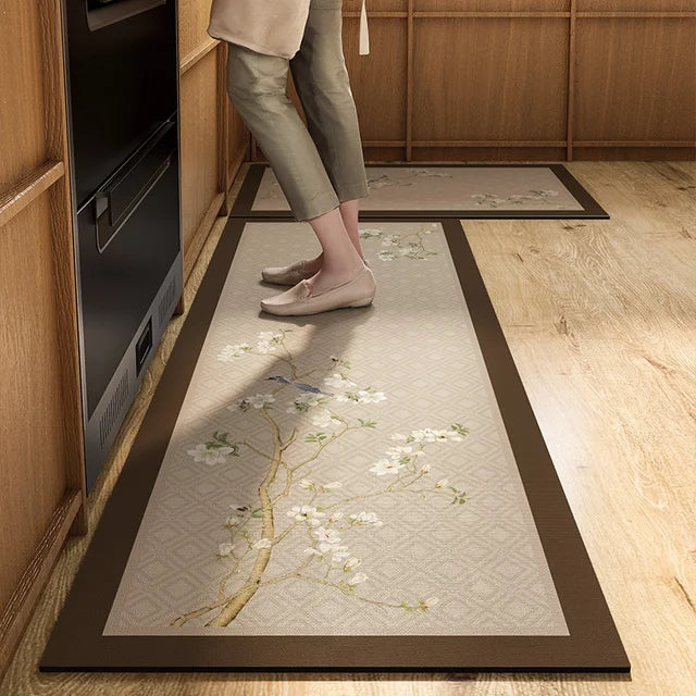 Nouveau tapis de cuisine de Style chinois avec motif de peinture d'oiseau de fleur, tapis en cuir imperméable à l'huile, tapis antidérapant en PVC