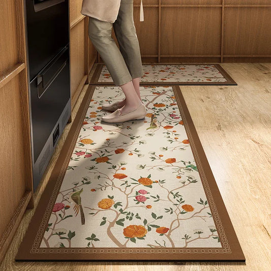 Tapis de cuisine de Style chinois avec motif de peinture d'oiseau de fleur, tapis en cuir imperméable à l'huile, tapis antidérapant en PVC