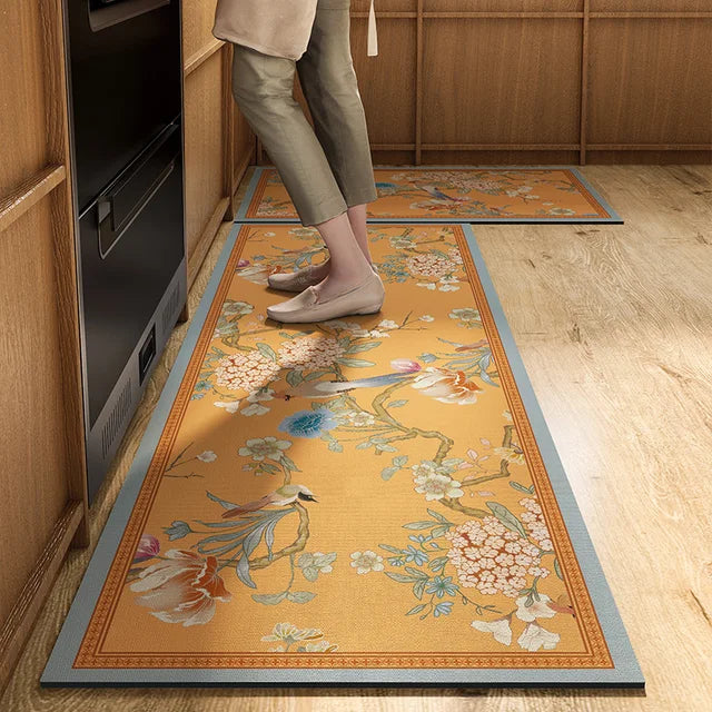 Nouveau tapis de cuisine de Style chinois avec motif de peinture d'oiseau de fleur, tapis en cuir imperméable à l'huile, tapis antidérapant en PVC