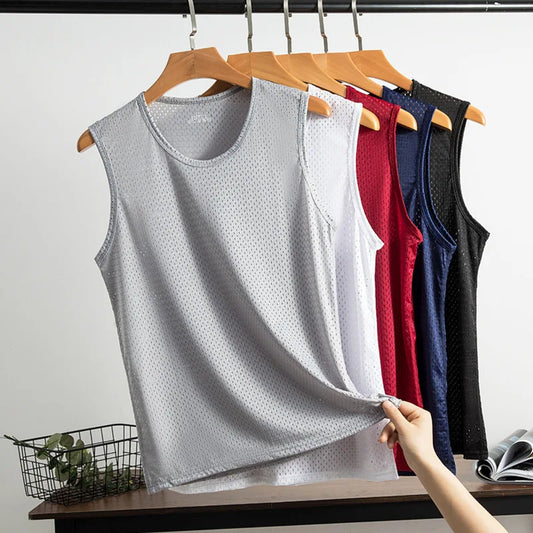 New Men Ice Silk Tops Vest Outer Wear Quick-Drying Mesh Hole Breathable Sleeveless T-Shirts Summer Cool Vest Beach Travel Tanks