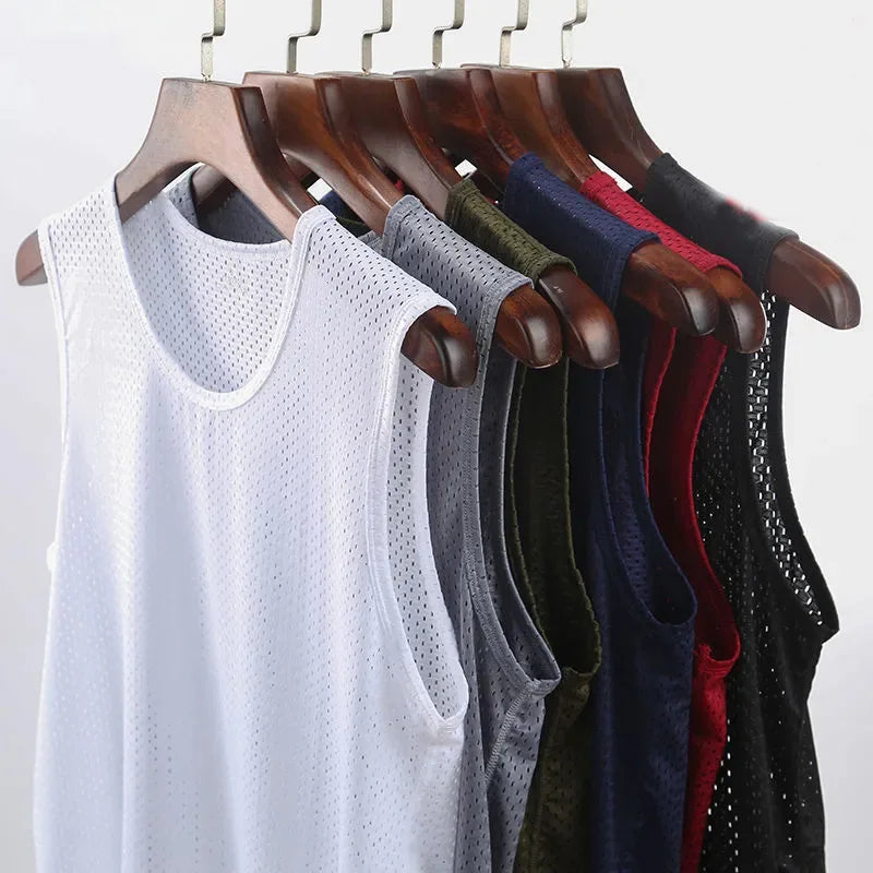 New Men Ice Silk Tops Vest Outer Wear Quick-Drying Mesh Hole Breathable Sleeveless T-Shirts Summer Cool Vest Beach Travel Tanks