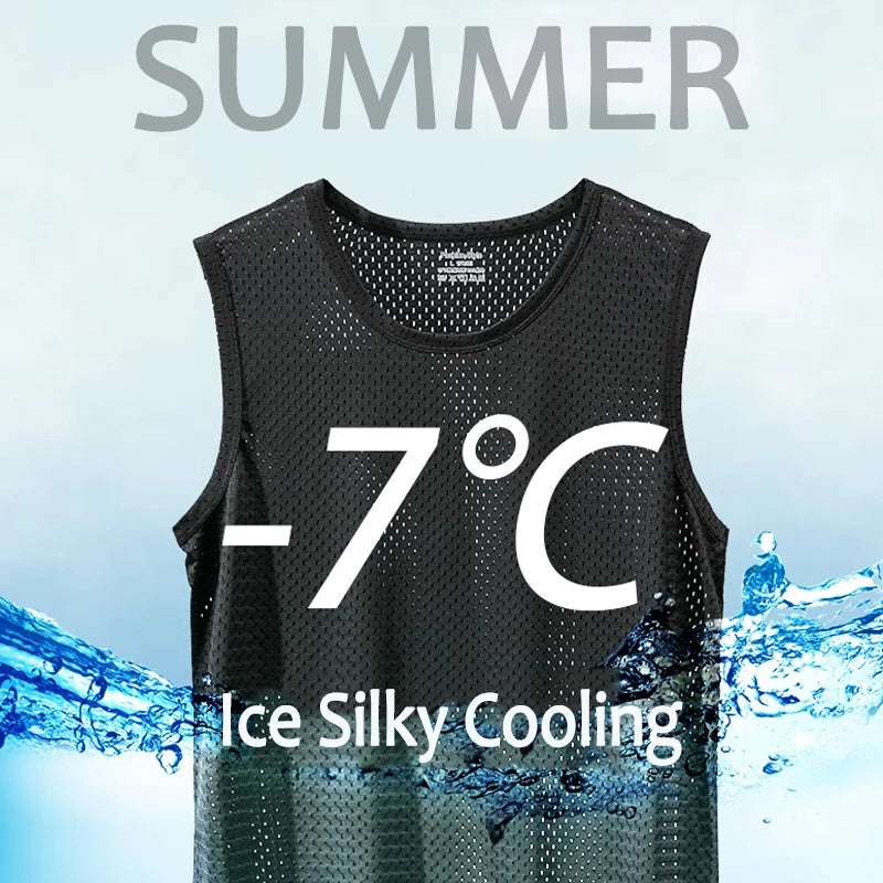 New Men Ice Silk Tops Vest Outer Wear Quick-Drying Mesh Hole Breathable Sleeveless T-Shirts Summer Cool Vest Beach Travel Tanks