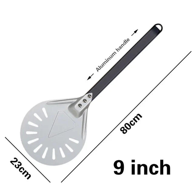 Pala giratoria para Pizza pequeña, herramienta redonda corta, mango de madera antideslizante, pala perforada de aluminio para Pizza de 7, 8 y 9 pulgadas