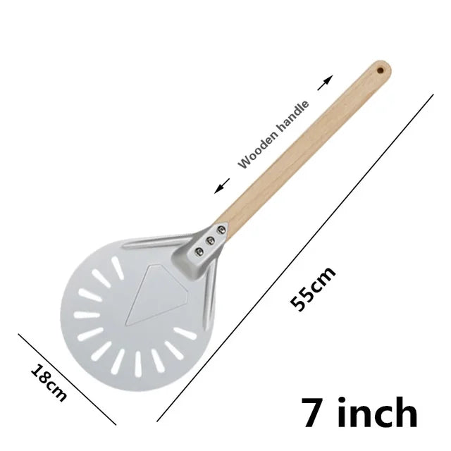 Pala giratoria para Pizza pequeña, herramienta redonda corta, mango de madera antideslizante, pala perforada de aluminio para Pizza de 7, 8 y 9 pulgadas