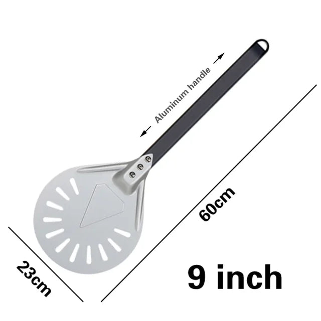 Pala giratoria para Pizza pequeña, herramienta redonda corta, mango de madera antideslizante, pala perforada de aluminio para Pizza de 7, 8 y 9 pulgadas