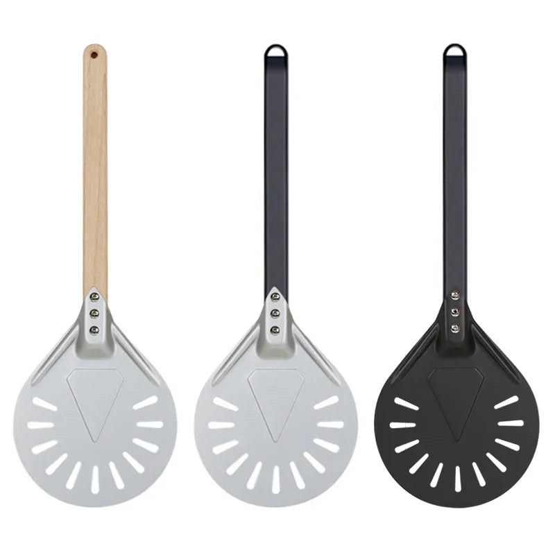 Pizza Turning small Pizza Peel Paddle Short round Tool Non Slip wooden Handle 7 8 9 inch Perforated Pizza Shovel Aluminum