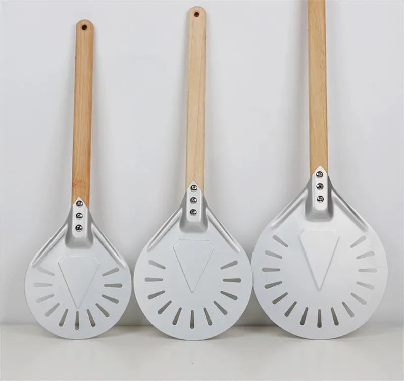 Pizza Turning small Pizza Peel Paddle Short round Tool Non Slip wooden Handle 7 8 9 inch Perforated Pizza Shovel Aluminum