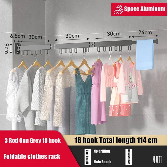 Retractable Cloth Drying Rack Folding Clothes Hanger Wall Mount  Indoor & Outdoor Space Saving Aluminum Home Laundry Clothesline