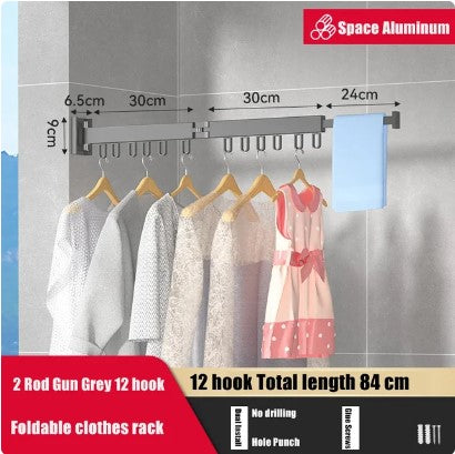 Retractable Cloth Drying Rack Folding Clothes Hanger Wall Mount  Indoor & Outdoor Space Saving Aluminum Home Laundry Clothesline