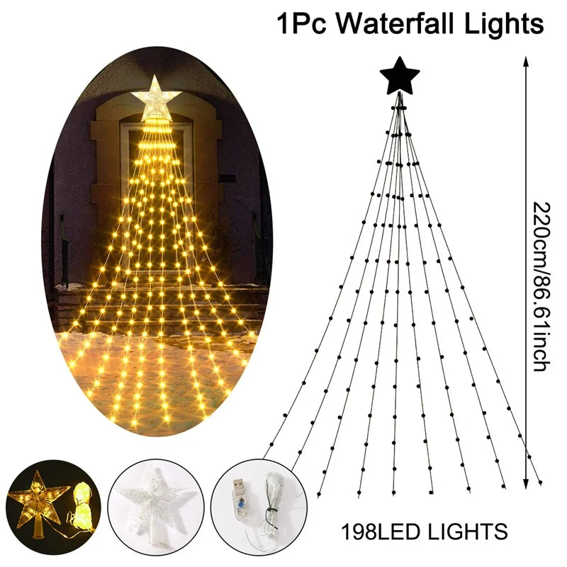 LED Star Waterfall Lights Christmas Decorations String Lights Christmas Tree Ornaments for Home 2024 Navidad Natal New Year 2025