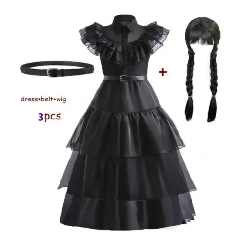 Wednesday Addams Costumes for Girls 2023 Movie Wednesday Mesh Dress Halloween Carnival  Gothic Winds Party Dress Up for 3-10 Yrs