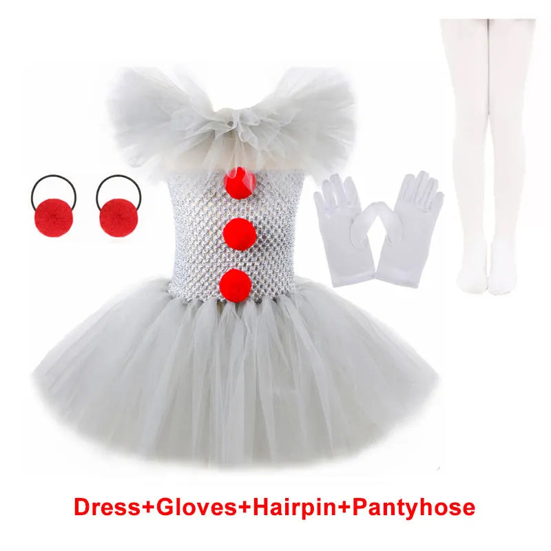 Halloween Gray Joker Girls Costume Tutu Dress Creepy Clown Kids Carnival Party Cosplay Clothing Children Tulle Fancy Dress