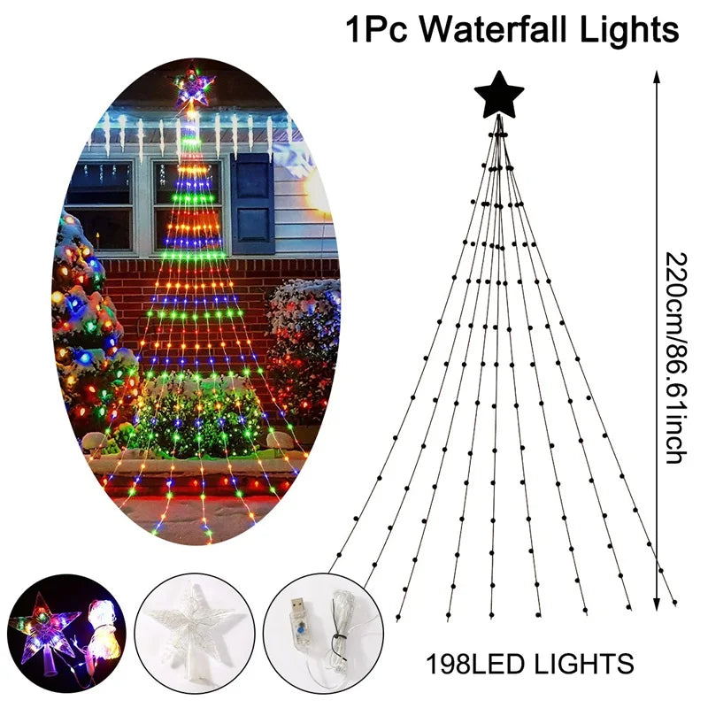 LED Star Waterfall Lights Christmas Decorations String Lights Christmas Tree Ornaments for Home 2024 Navidad Natal New Year 2025