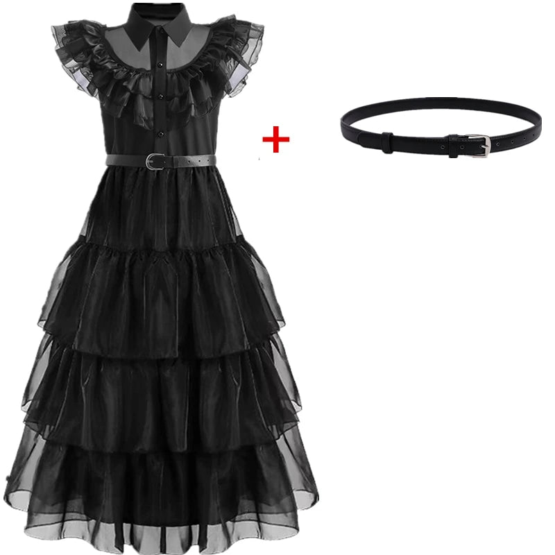 Wednesday Addams Costumes for Girls 2023 Movie Wednesday Mesh Dress Halloween Carnival  Gothic Winds Party Dress Up for 3-10 Yrs