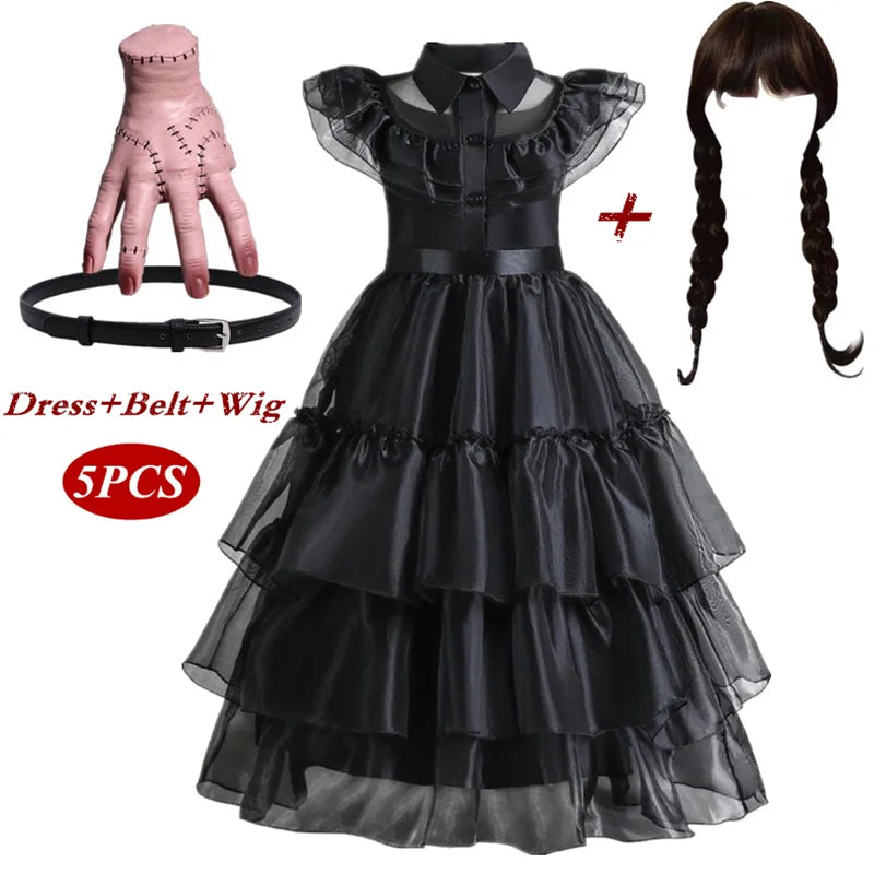 Wednesday Addams Costumes for Girls 2023 Movie Wednesday Mesh Dress Halloween Carnival  Gothic Winds Party Dress Up for 3-10 Yrs