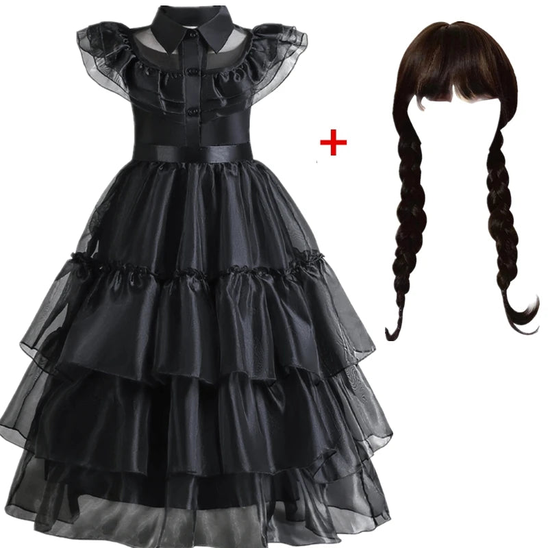 Wednesday Addams Costumes for Girls 2023 Movie Wednesday Mesh Dress Halloween Carnival  Gothic Winds Party Dress Up for 3-10 Yrs