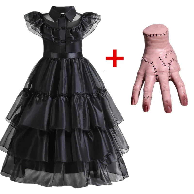 Wednesday Addams Costumes for Girls 2023 Movie Wednesday Mesh Dress Halloween Carnival  Gothic Winds Party Dress Up for 3-10 Yrs