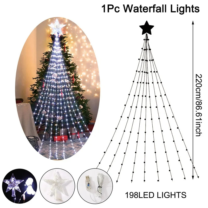 LED Star Waterfall Lights Christmas Decorations String Lights Christmas Tree Ornaments for Home 2024 Navidad Natal New Year 2025