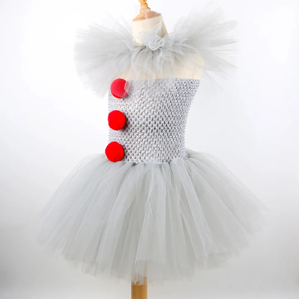 Halloween Gray Joker Girls Costume Tutu Dress Creepy Clown Kids Carnival Party Cosplay Clothing Children Tulle Fancy Dress