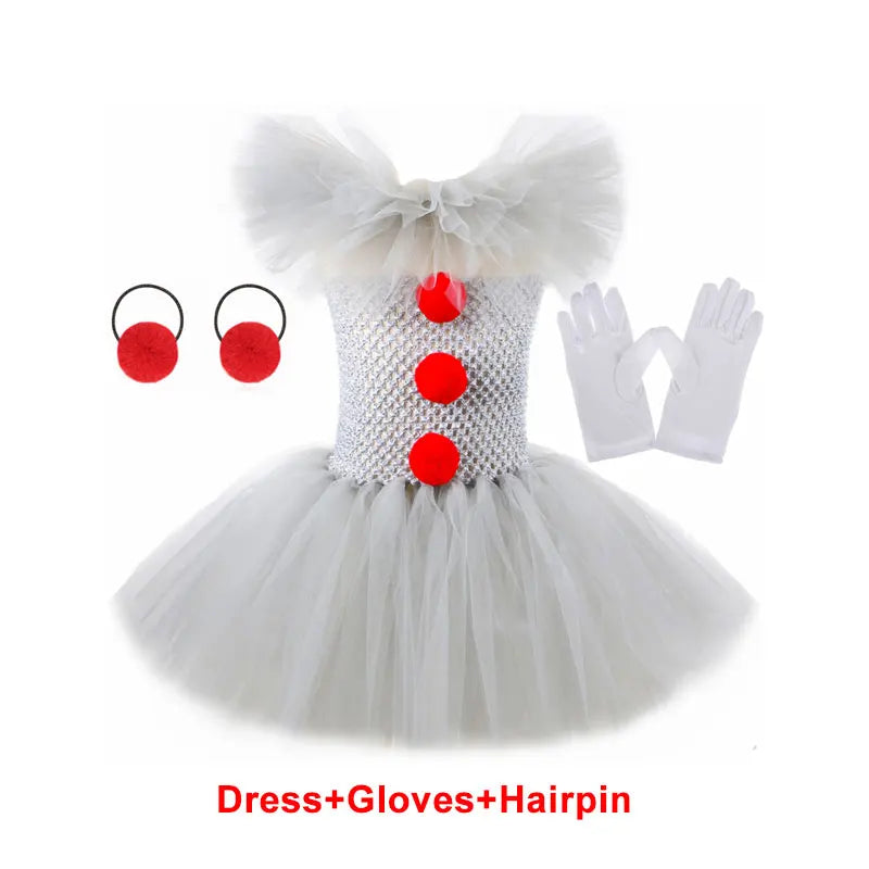 Halloween Gray Joker Girls Costume Tutu Dress Creepy Clown Kids Carnival Party Cosplay Clothing Children Tulle Fancy Dress