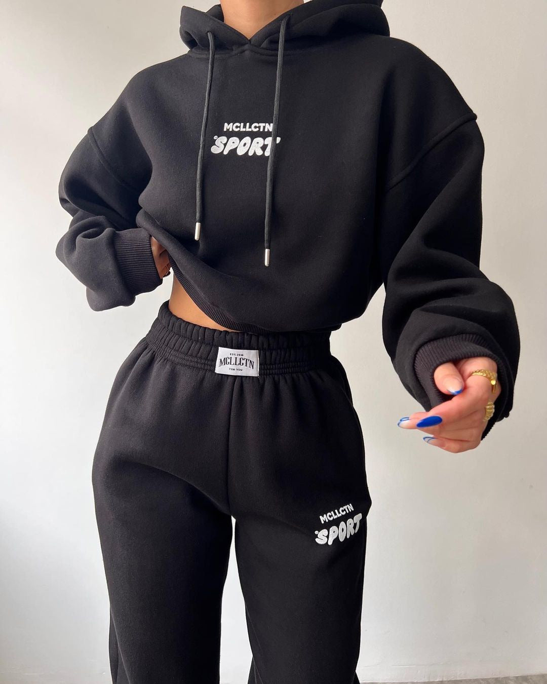 MCLLCTN Sport Women Tracksuit Solid Long Sleeve Letter Print Hoodie Fall Casual Loose Hooded Sets Warm Suit Trousers Two Piece Pants Sets