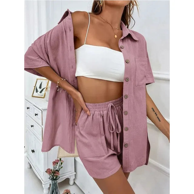 Solid Color Casual Loose Short Pants Sets For Women 2024 Elegant Summer Women's Two Pieces Suit Full Set Female Outfit Clothes