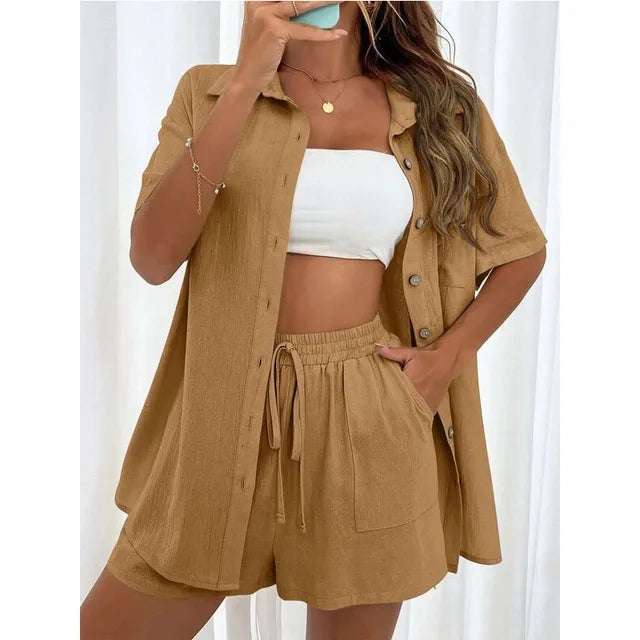 Solid Color Casual Loose Short Pants Sets For Women 2024 Elegant Summer Women's Two Pieces Suit Full Set Female Outfit Clothes