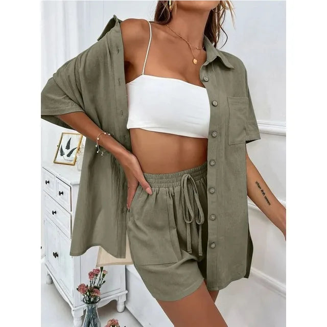 Solid Color Casual Loose Short Pants Sets For Women 2024 Elegant Summer Women's Two Pieces Suit Full Set Female Outfit Clothes