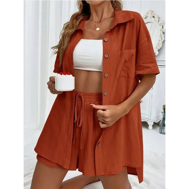 Solid Color Casual Loose Short Pants Sets For Women 2024 Elegant Summer Women's Two Pieces Suit Full Set Female Outfit Clothes