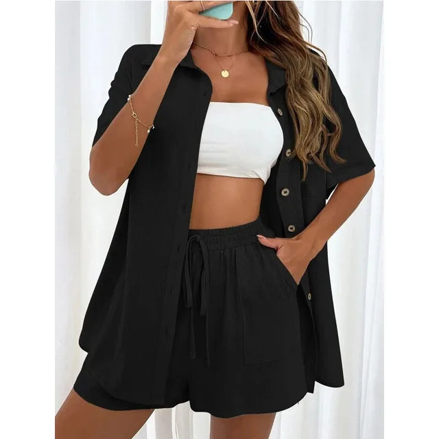 Solid Color Casual Loose Short Pants Sets For Women 2024 Elegant Summer Women's Two Pieces Suit Full Set Female Outfit Clothes