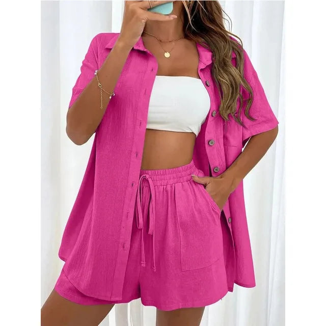 Solid Color Casual Loose Short Pants Sets For Women 2024 Elegant Summer Women's Two Pieces Suit Full Set Female Outfit Clothes