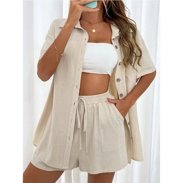 Solid Color Casual Loose Short Pants Sets For Women 2024 Elegant Summer Women's Two Pieces Suit Full Set Female Outfit Clothes