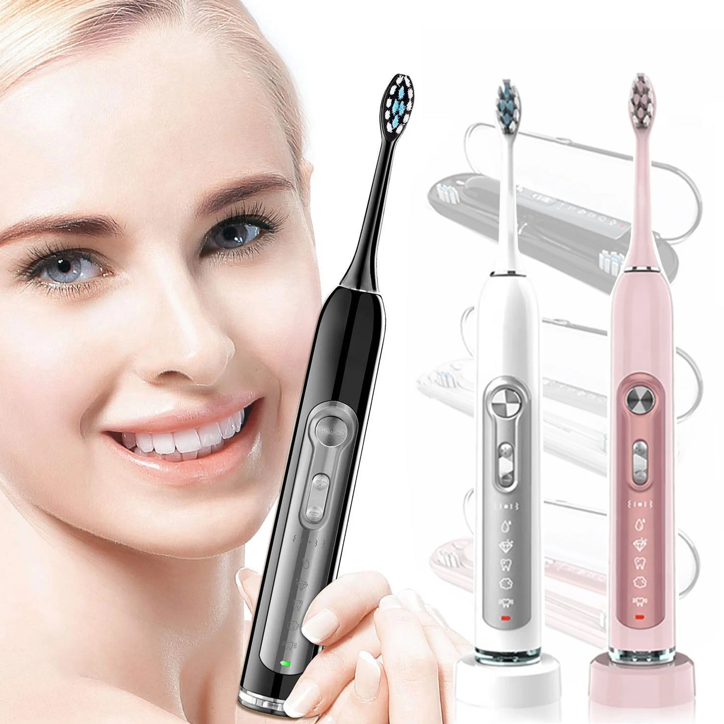 Sonic Electric Toothbrushes for Adults Smart Toothbrush Waterproof with 2pcs/8pcs Replaceable Heads and Charging Base