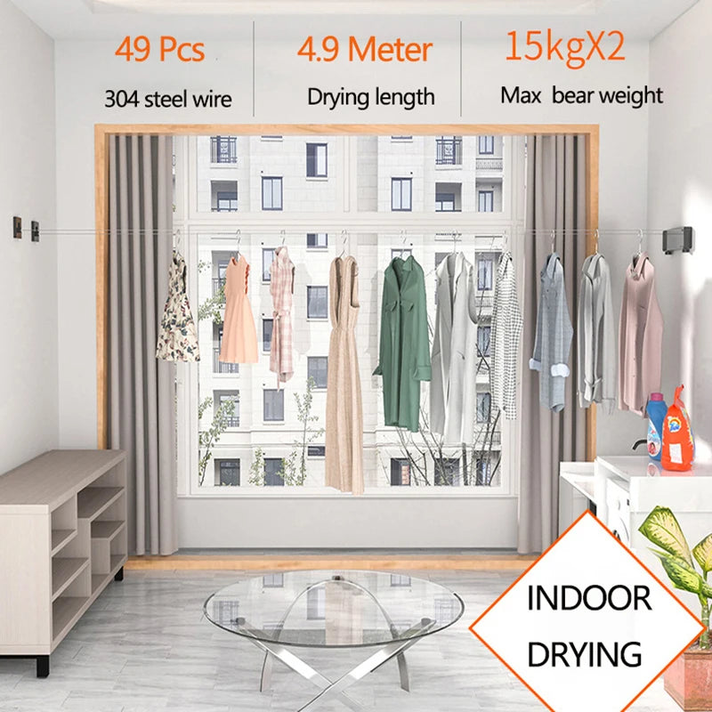 Tendedero de acero inoxidable para interiores y exteriores, cuerda retráctil de pared doble para ropa, cuerda de lavandería extensible para apartamento