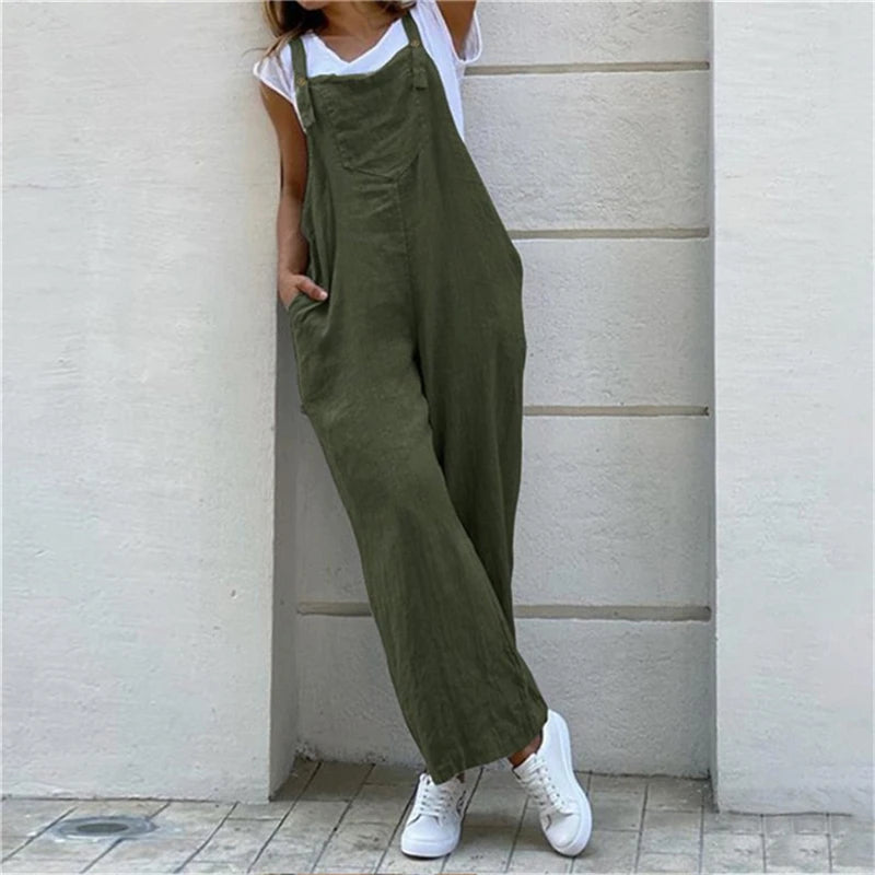 Summer Jumpsuit For Women Solid Color Jumpsuit Casual Long Pant Pockets Button Wide Leg Strap Jumpsuit Loose Rompers Overalls