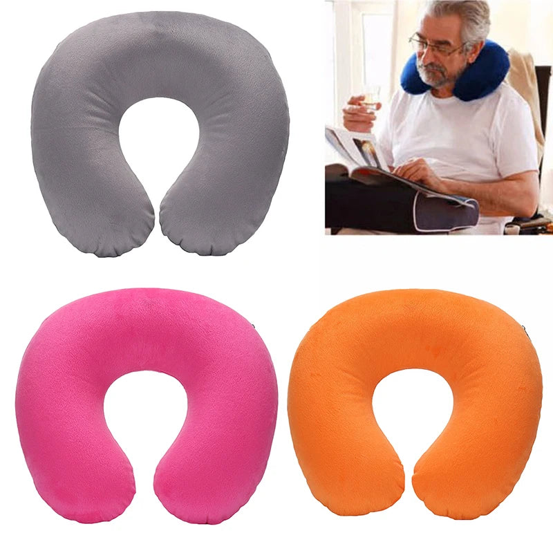 Almohada de viaje en forma de U para coche, vuelo aéreo, oficina, almohada inflable para cuello, funda corta de felpa, soporte de PVC, reposacabezas, cojín de lactancia suave