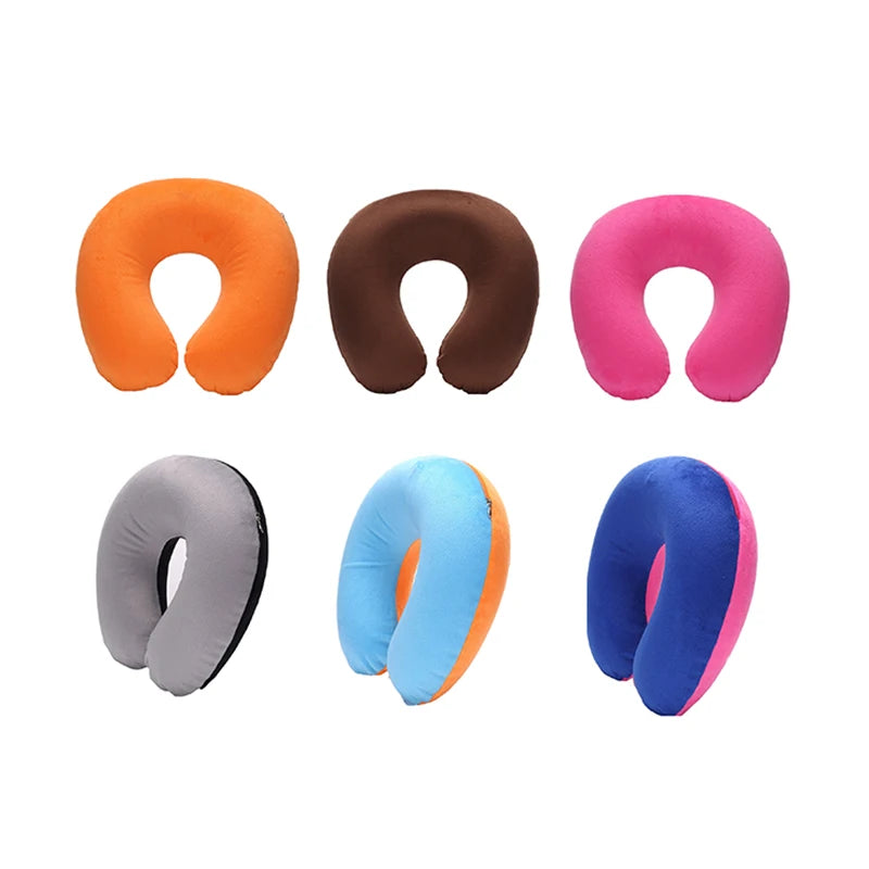 U-shaped Travel Pillow Car Air Flight Office Inflatable Neck Pillow Short Plush Cover PVC Support Headrest Soft Nursing Cushion