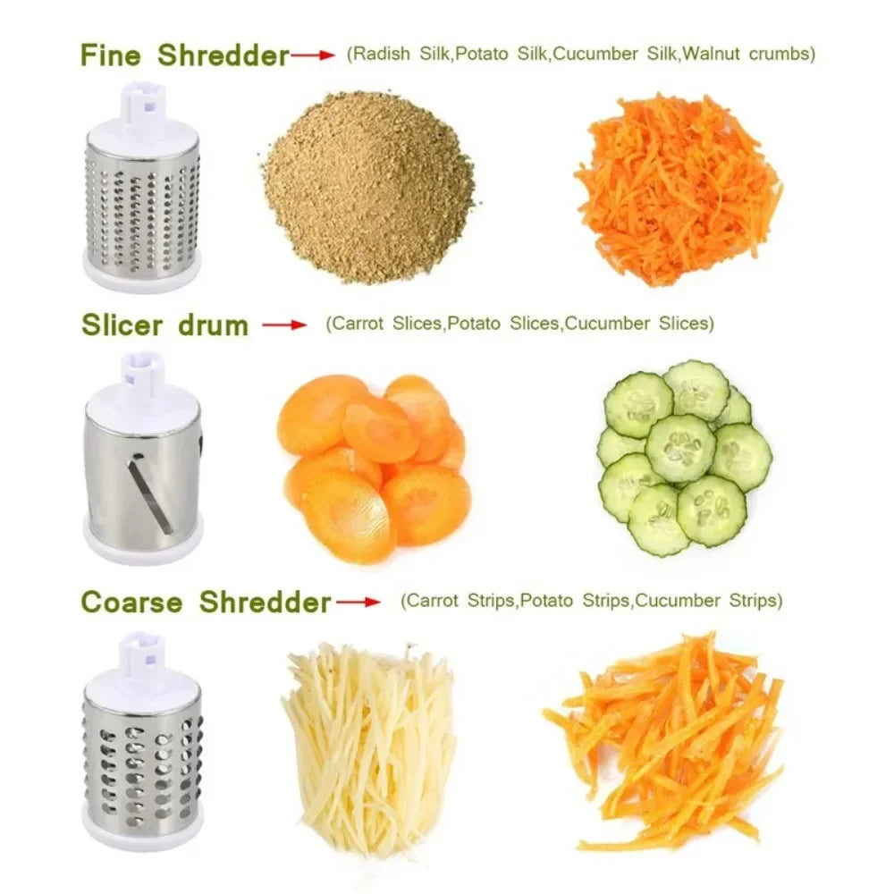 Coupe-légumes et trancheuse manuel, hachoir à fromage de cuisine avec 3 tambours tranchants, broyeur multifonctionnel pour ail et pommes de terre