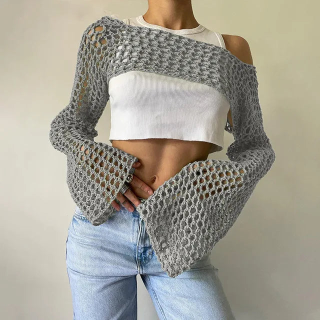 Women Big Fishnet Long Sleeve Cropped Sweaters Summer Fashion Lady O-Neck Flare Sleeve Hollow Out Short Knitted Pullovers