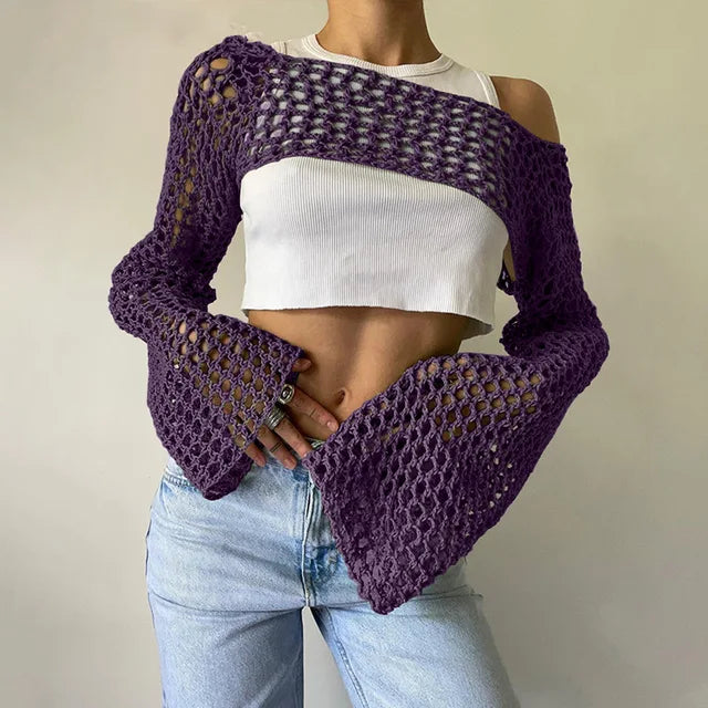 Women Big Fishnet Long Sleeve Cropped Sweaters Summer Fashion Lady O-Neck Flare Sleeve Hollow Out Short Knitted Pullovers