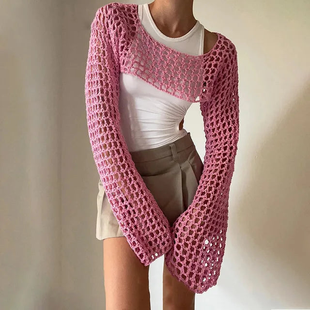 Women Big Fishnet Long Sleeve Cropped Sweaters Summer Fashion Lady O-Neck Flare Sleeve Hollow Out Short Knitted Pullovers