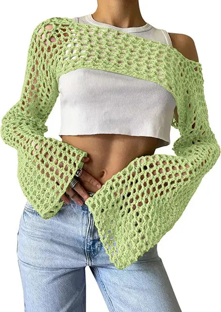 Women Big Fishnet Long Sleeve Cropped Sweaters Summer Fashion Lady O-Neck Flare Sleeve Hollow Out Short Knitted Pullovers