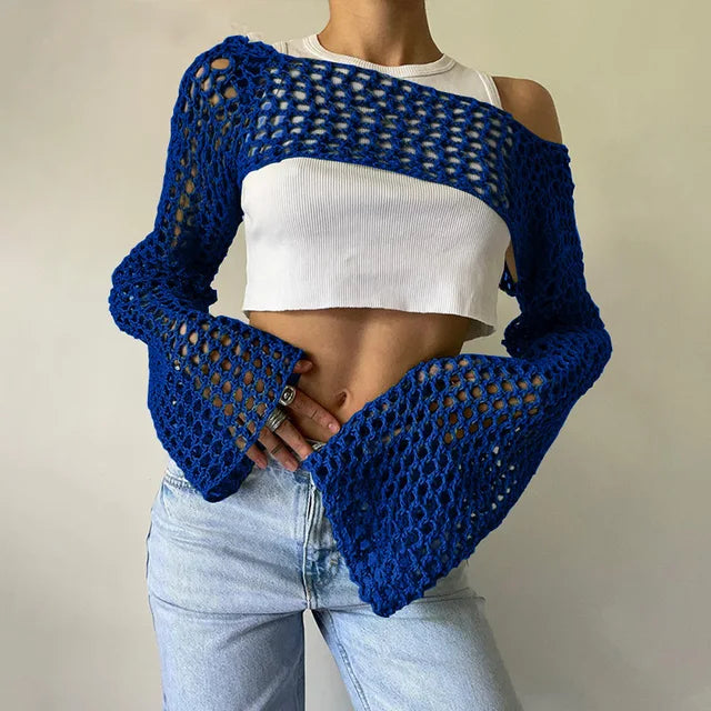 Women Big Fishnet Long Sleeve Cropped Sweaters Summer Fashion Lady O-Neck Flare Sleeve Hollow Out Short Knitted Pullovers