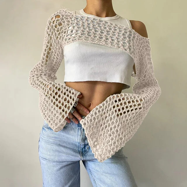 Women Big Fishnet Long Sleeve Cropped Sweaters Summer Fashion Lady O-Neck Flare Sleeve Hollow Out Short Knitted Pullovers